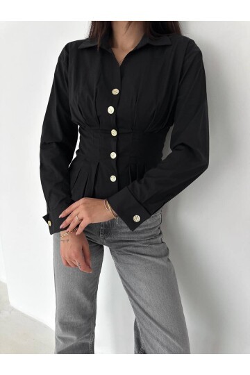 Kadın Korse Detaylı Gold Düğmeli Siyah Gömlek