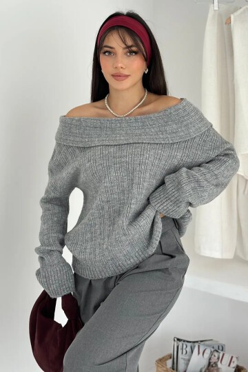 Kadın Madonna Yaka Triko Gri