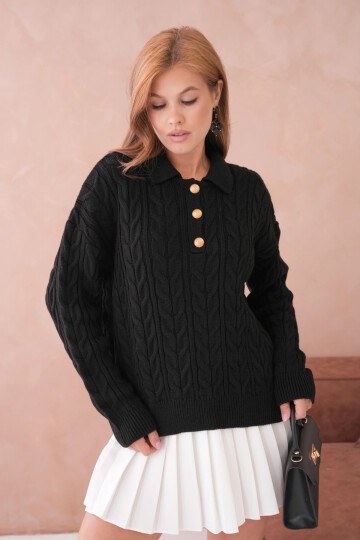 Kadın Polo Düğme Detay Saç Örgü Triko Kazak