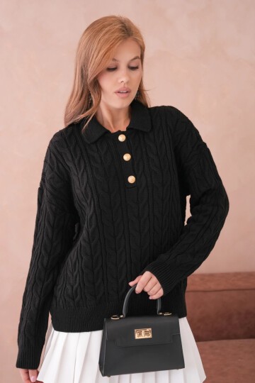 Kadın Polo Düğme Detay Saç Örgü Triko Kazak