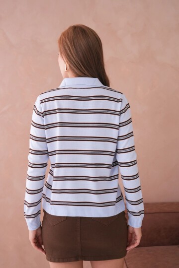 Kadın Polo Yaka Çizgi Detay Oversize Triko Kazak