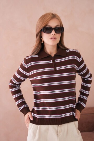 Kadın Polo Yaka Çizgi Detay Oversize Triko Kazak