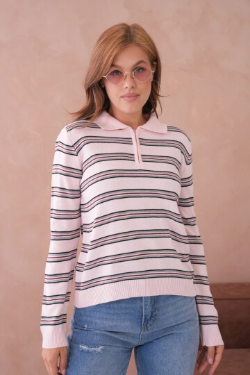 Kadın Polo Yaka Çizgi Detay Oversize Triko Kazak