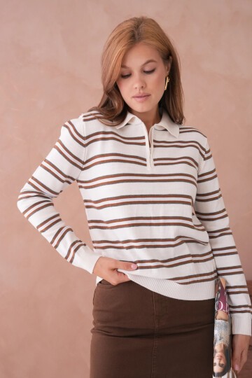 Kadın Polo Yaka Çizgi Detay Oversize Triko Kazak