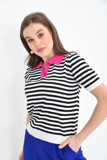 Kadın Polo Yaka Çizgili Triko Kazak
