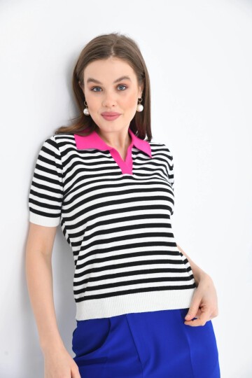 Kadın Polo Yaka Çizgili Triko Kazak