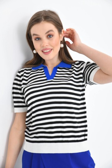 Kadın Polo Yaka Çizgili Triko Kazak
