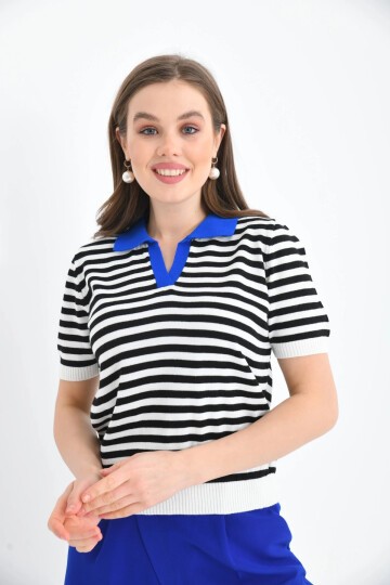 Kadın Polo Yaka Çizgili Triko Kazak