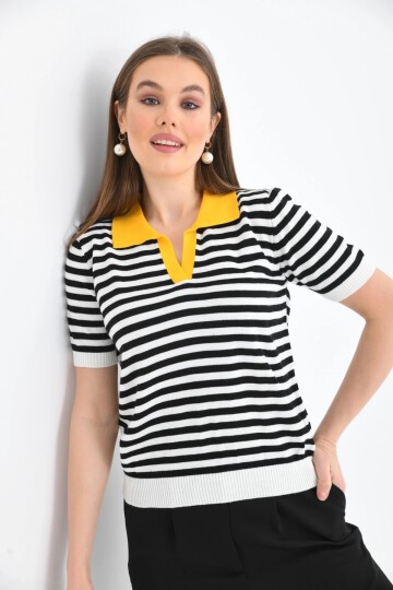 Kadın Polo Yaka Çizgili Triko Kazak