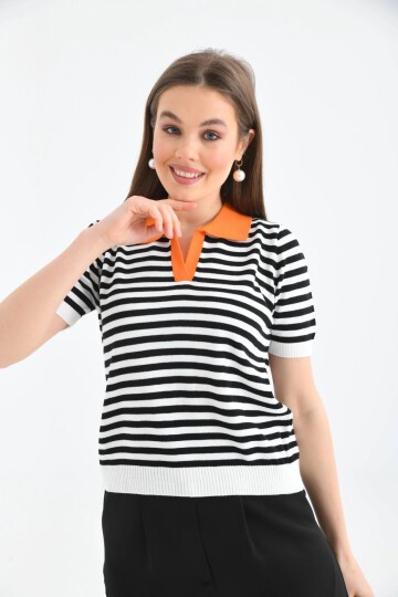 Kadın Polo Yaka Çizgili Triko Kazak