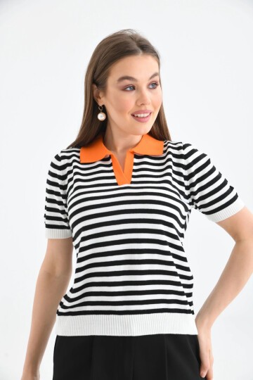 Kadın Polo Yaka Çizgili Triko Kazak