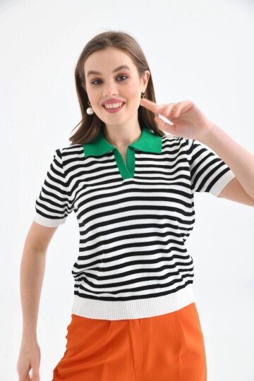 Kadın Polo Yaka Çizgili Triko Kazak