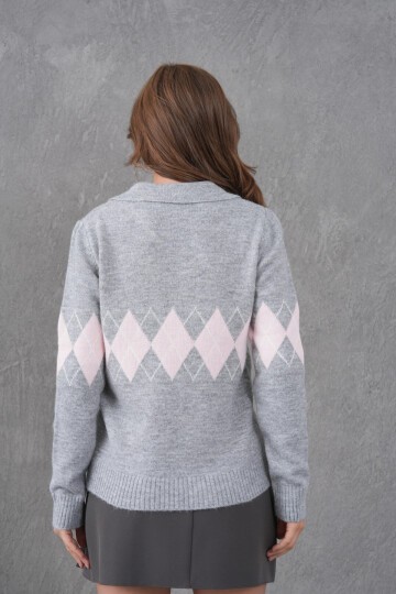 Kadın Polo Yaka Desenli Yarım Pat Triko Kazak