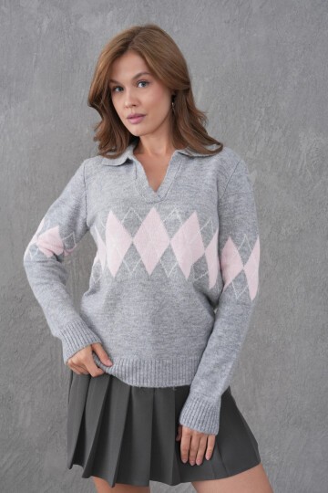 Kadın Polo Yaka Desenli Yarım Pat Triko Kazak