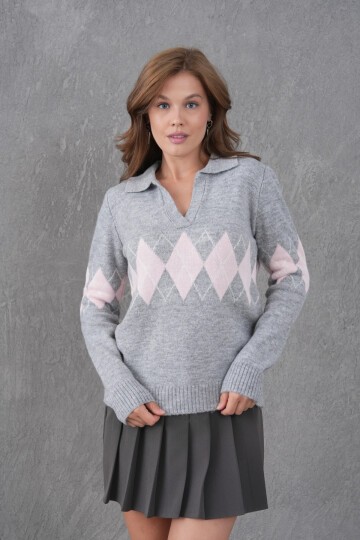 Kadın Polo Yaka Desenli Yarım Pat Triko Kazak