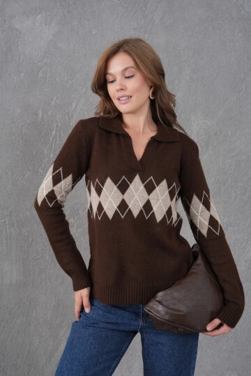 Kadın Polo Yaka Desenli Yarım Pat Triko Kazak