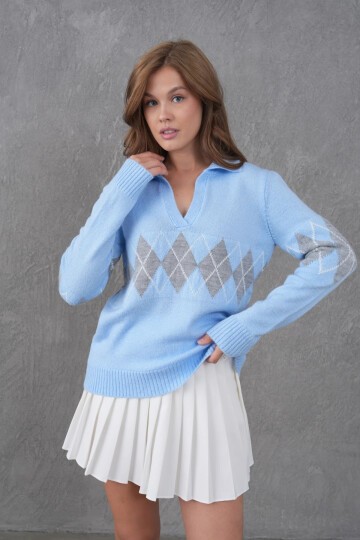 Kadın Polo Yaka Desenli Yarım Pat Triko Kazak