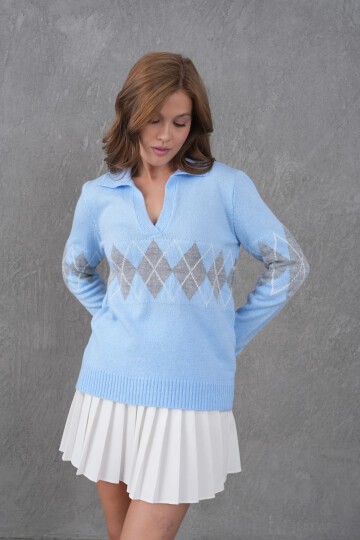 Kadın Polo Yaka Desenli Yarım Pat Triko Kazak