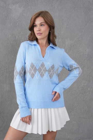 Kadın Polo Yaka Desenli Yarım Pat Triko Kazak