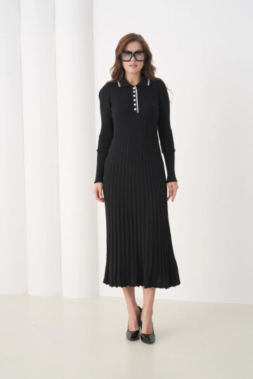 Kadın Polo Yaka Düğme Detay Kaşkorse Uzun Triko Elbise