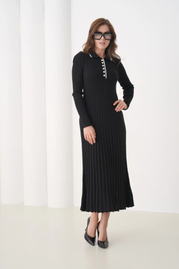 Kadın Polo Yaka Düğme Detay Kaşkorse Uzun Triko Elbise