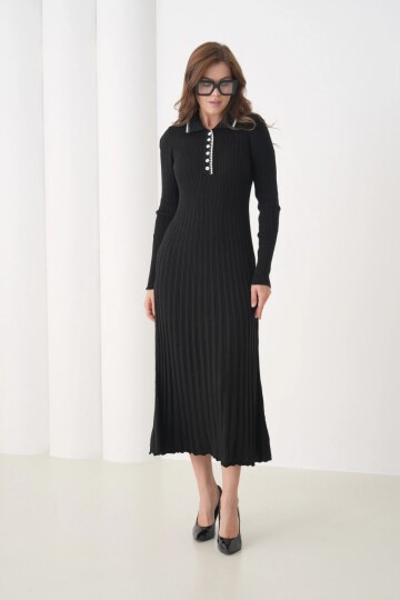 Kadın Polo Yaka Düğme Detay Kaşkorse Uzun Triko Elbise