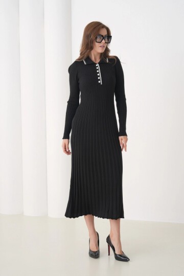 Kadın Polo Yaka Düğme Detay Kaşkorse Uzun Triko Elbise