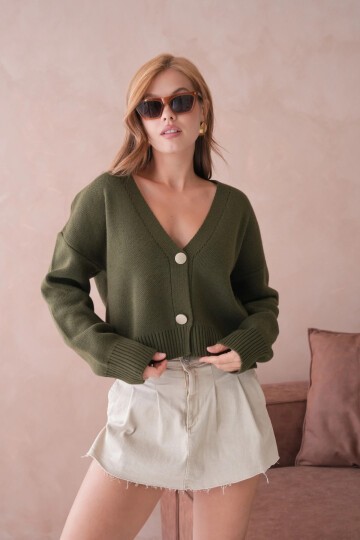 Kadın Polo Yaka Düğme Detay Oversize Triko Hırka