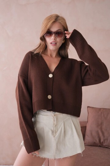 Kadın Polo Yaka Düğme Detay Oversize Triko Hırka