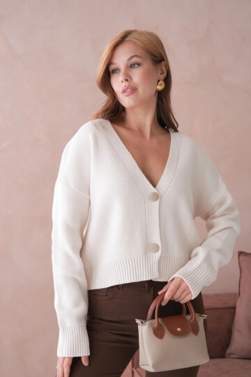 Kadın Polo Yaka Düğme Detay Oversize Triko Hırka