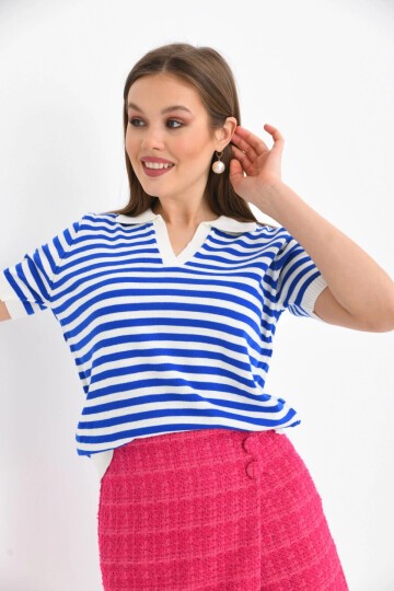 Kadın Polo Yaka Kısa Kol Çizgili Triko Kazak