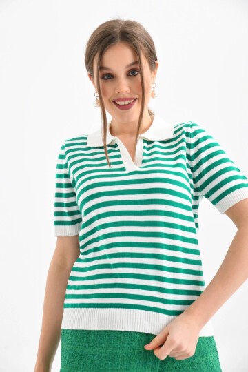 Kadın Polo Yaka Kısa Kol Çizgili Triko Kazak