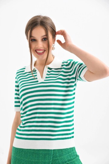 Kadın Polo Yaka Kısa Kol Çizgili Triko Kazak