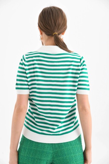 Kadın Polo Yaka Kısa Kol Çizgili Triko Kazak