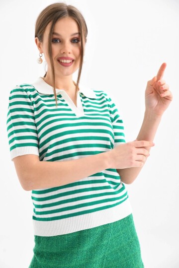 Kadın Polo Yaka Kısa Kol Çizgili Triko Kazak