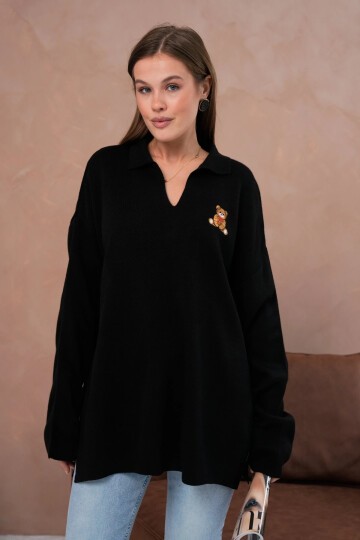 Kadın Polo Yaka Nakış Detay Yanları Yırtmaçlı Salaş Triko Kazak