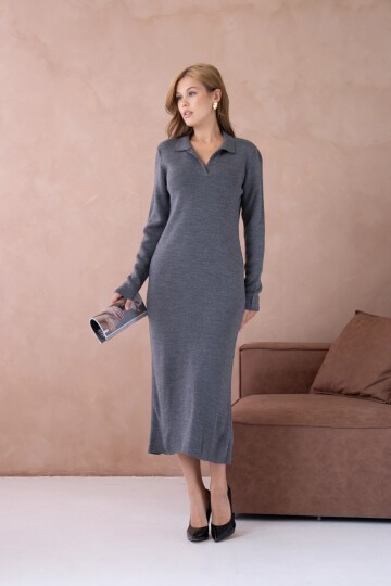Kadın Polo Yaka Yamuşak Dokulu Maksi Boy Triko Elbise