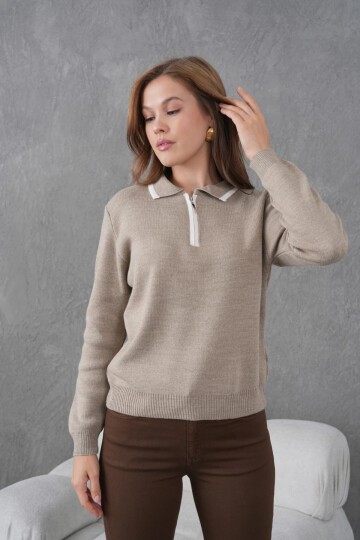 Kadın Polo Yaka Yarım Pat Fermuar Kapama Basic Triko Kazak