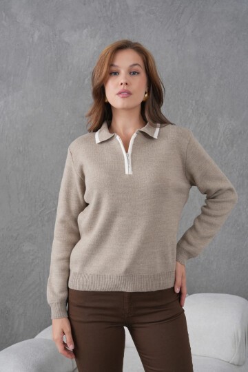 Kadın Polo Yaka Yarım Pat Fermuar Kapama Basic Triko Kazak