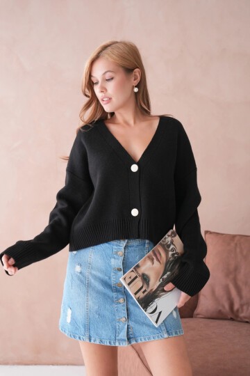 Kadın Polo Yakk Düğme Detay Oversize Triko Hırka