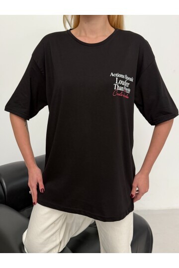 Kadın Sırt Baskılı Oversize Siyah T-Shirt
