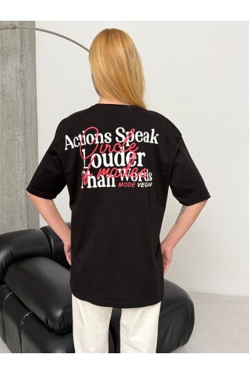 Kadın Sırt Baskılı Oversize Siyah T-Shirt
