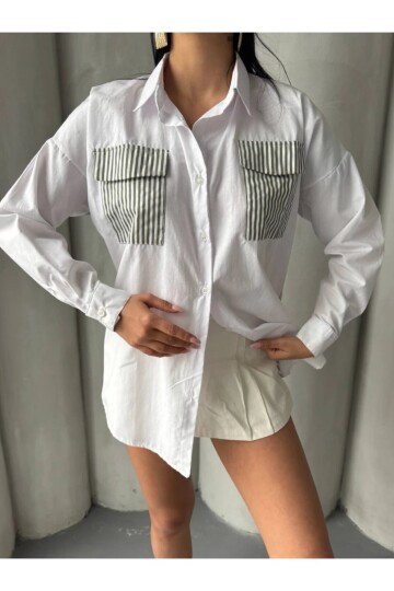 Kadın Sırt ve Cebi Çizgili Bloklu Uzun Kollu Gömlek