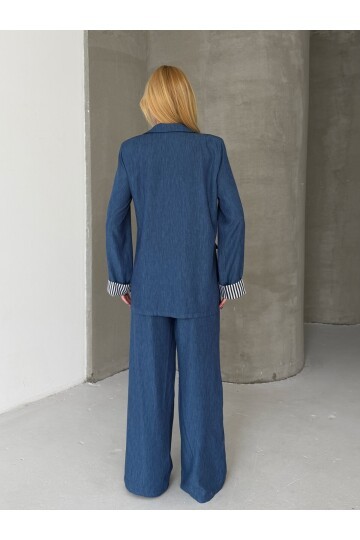 Kadın Tensel Kumaş Blazer Ceket Pantolon Takım – Mavi
