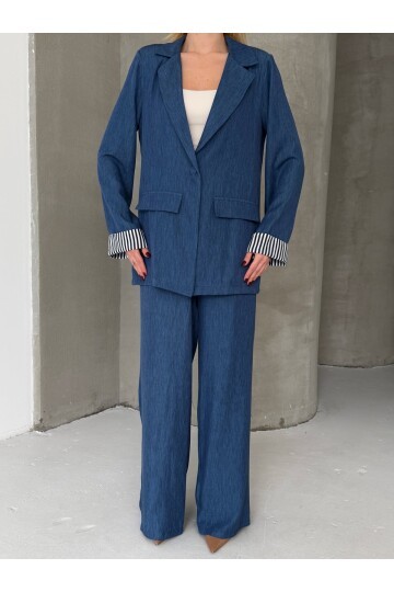 Kadın Tensel Kumaş Blazer Ceket Pantolon Takım – Mavi