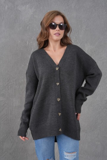 Kadın V Yaka Düğme Kapama Oversize Uzun Triko Hırka