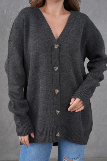 Kadın V Yaka Düğme Kapama Oversize Uzun Triko Hırka