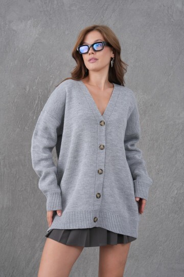 Kadın V Yaka Düğme Kapama Oversize Uzun Triko Hırka