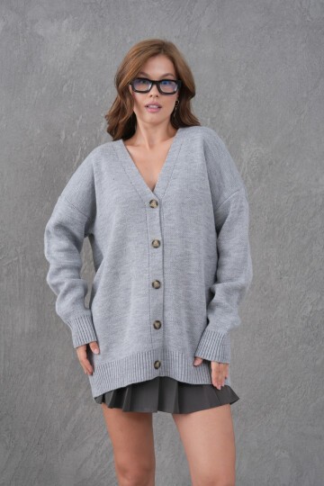 Kadın V Yaka Düğme Kapama Oversize Uzun Triko Hırka