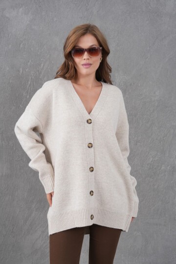 Kadın V Yaka Düğme Kapama Oversize Uzun Triko Hırka